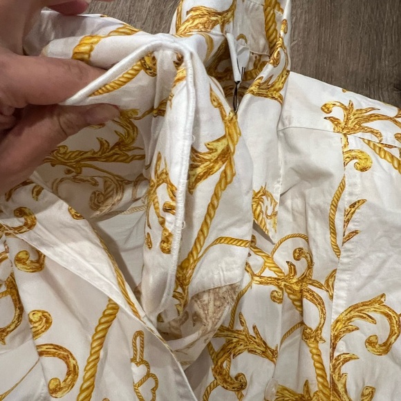 NWT GANNI 100% Cotton Gold And White Patterned Button Up Wrap Shirt - Picture 9 of 14